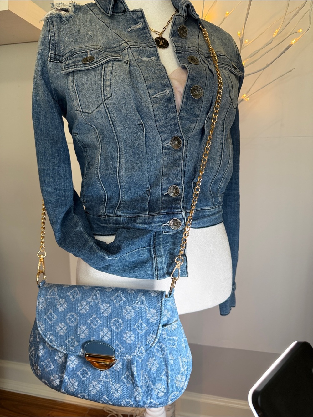 Denim NWOT 3 AM monogram Crossbody bag with large front pocket. 10 X 7 x2 - Picture 1 of 12